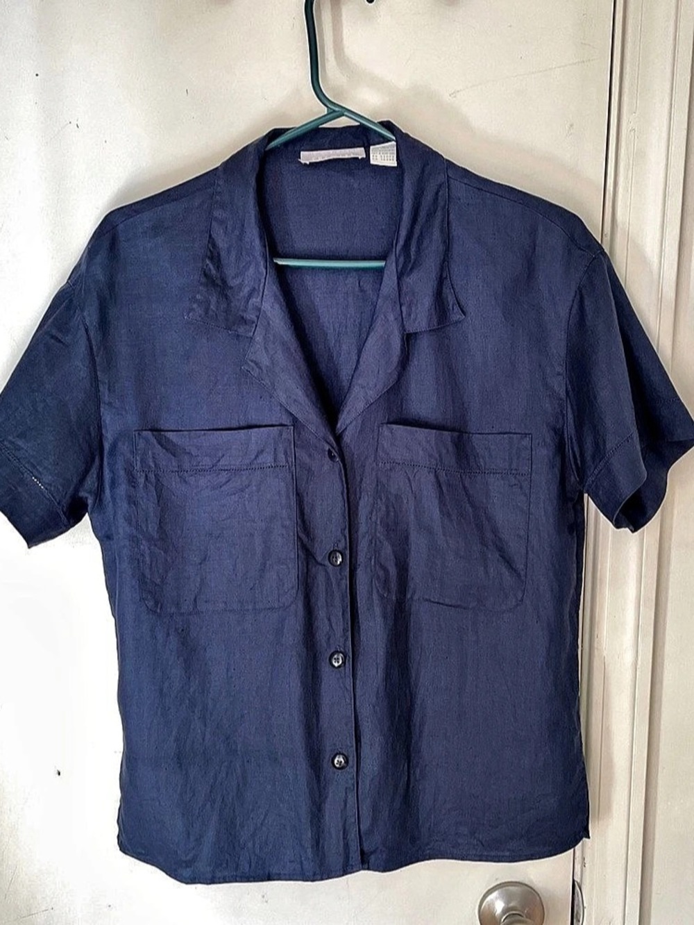 Vintage Liz Claiborne Chemise 100% Linen Dark Blue Button Up Collared Shirt Top